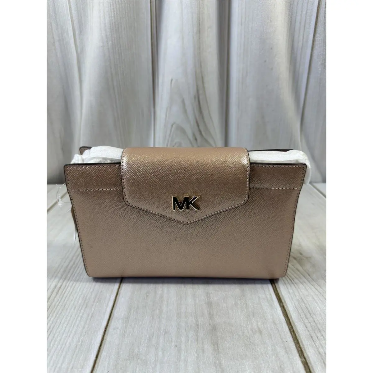 Michael Kors Large Leather Crossbody Clutch Bag Metallic Crossgrain Rose Gold