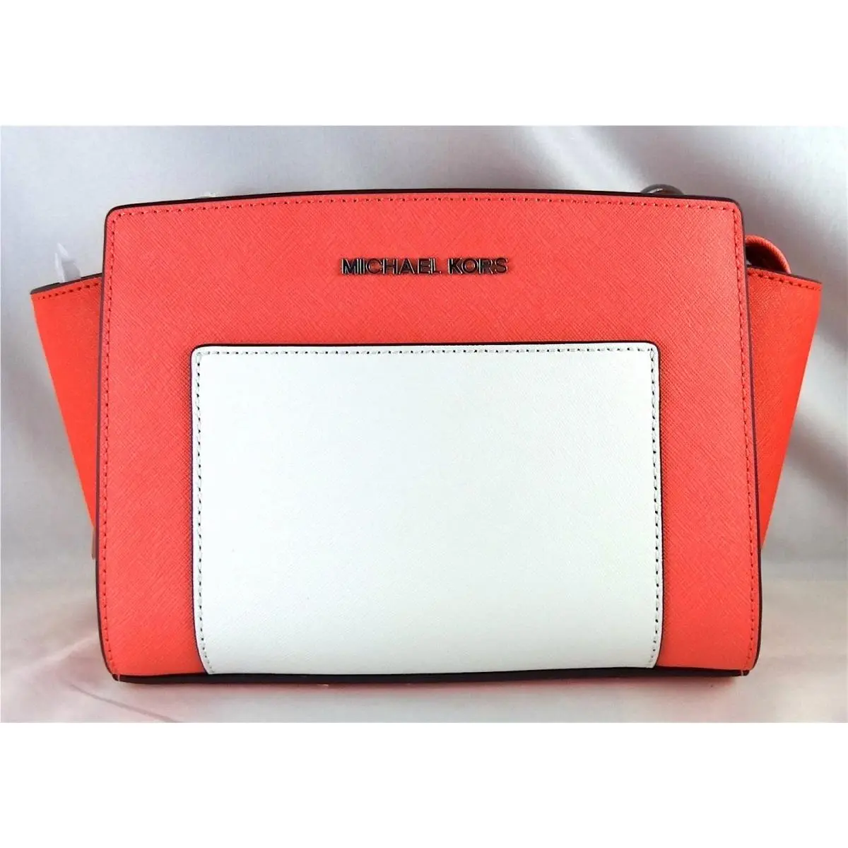 Michael Kors Medium Selma Pocket Colorblock Coral Messenger Crossbody Bag