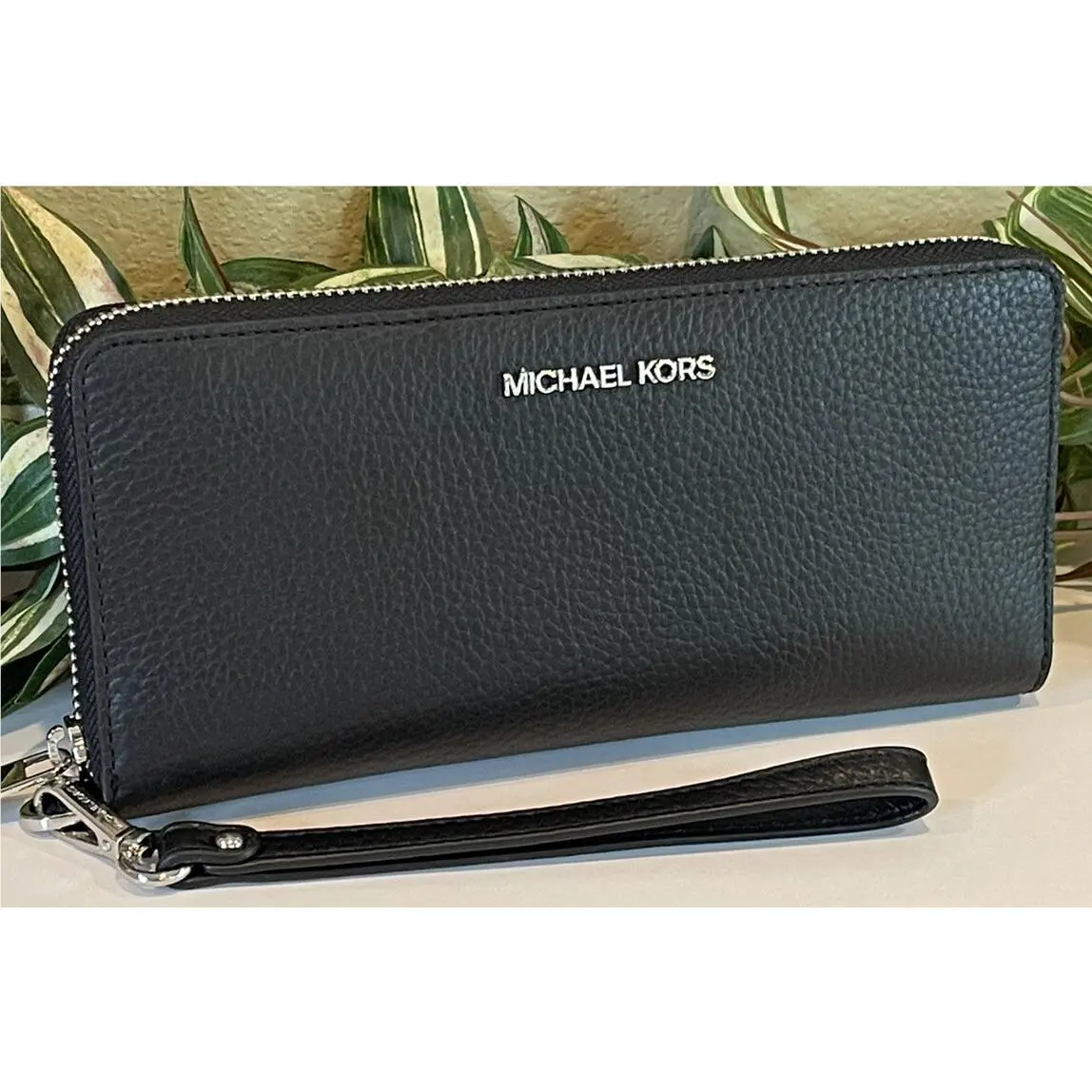 Jet Set Large Travel Continental MK Zip Wallet Black Leather Silver by Michael Kors