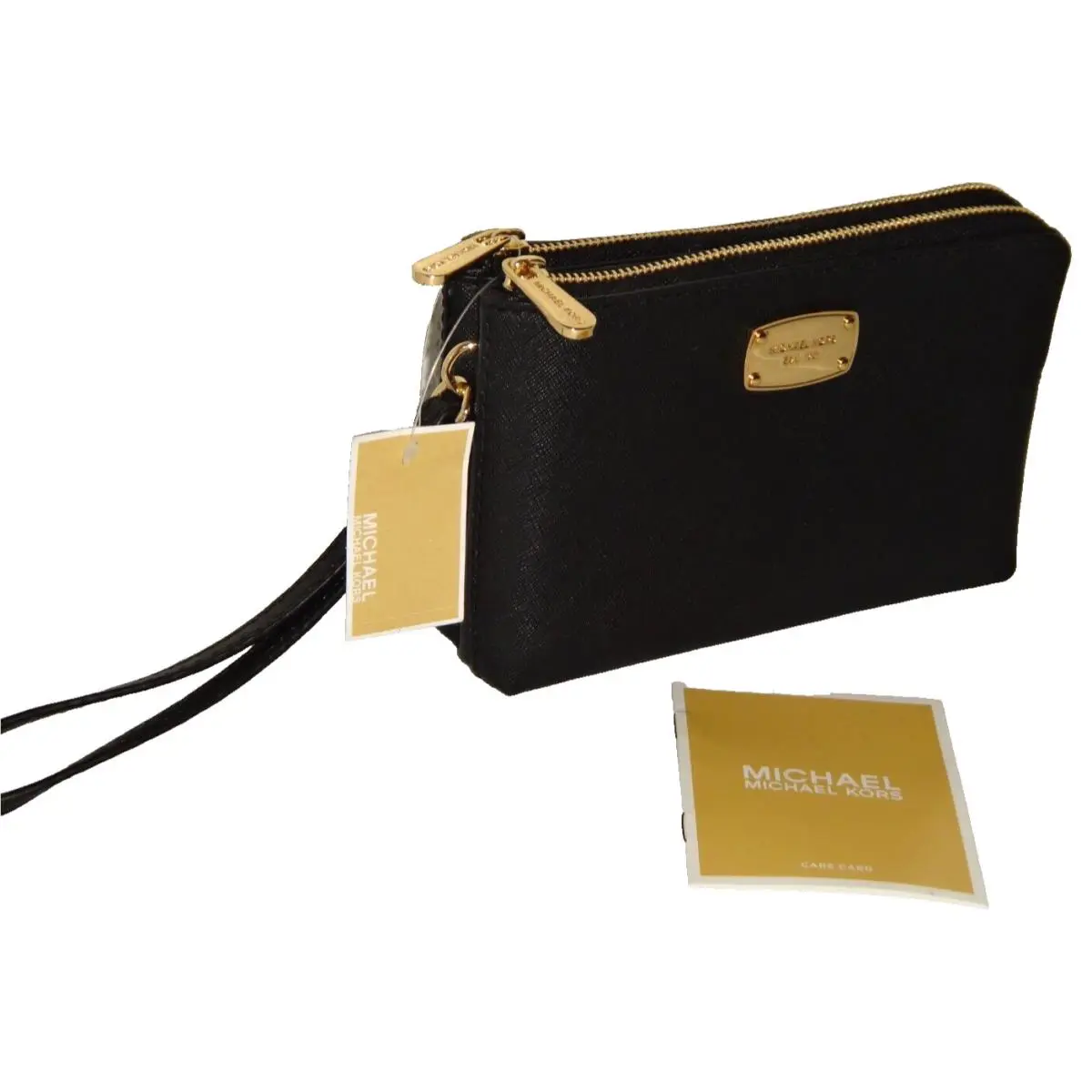 Michael Kors Women`s MK Double Zip Wristlet Clutch Wallet Black Saffiano Leather