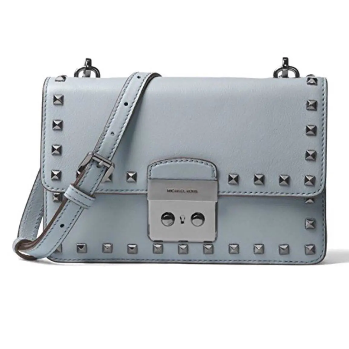 Michael Kors Sloan Studded Small Dusty Blue Gusset Leather Crossbody Bag - Blue