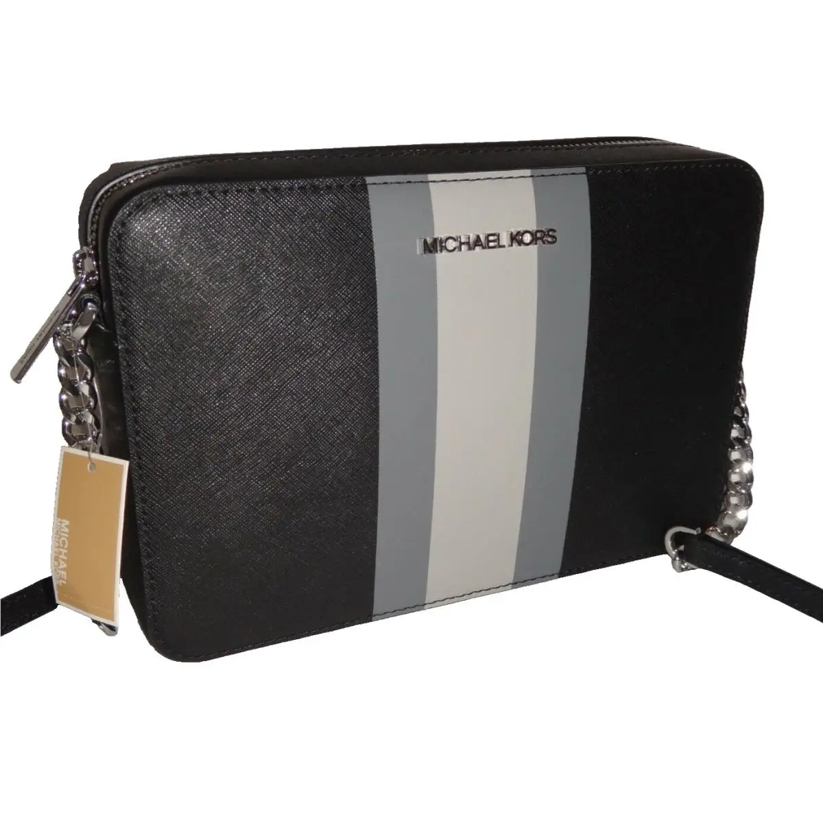Michael Kors Center Stripe Jsi LG EW Cross-body Bag Purse Black Saffiano Leather