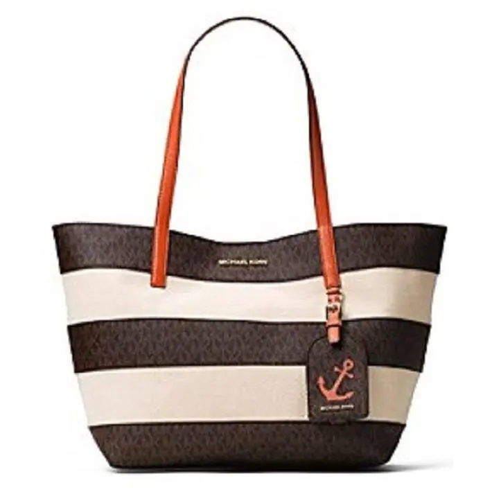 Michael Kors Stripe Canvas Large East West Tote Brown Orange Bag Anchor Hang