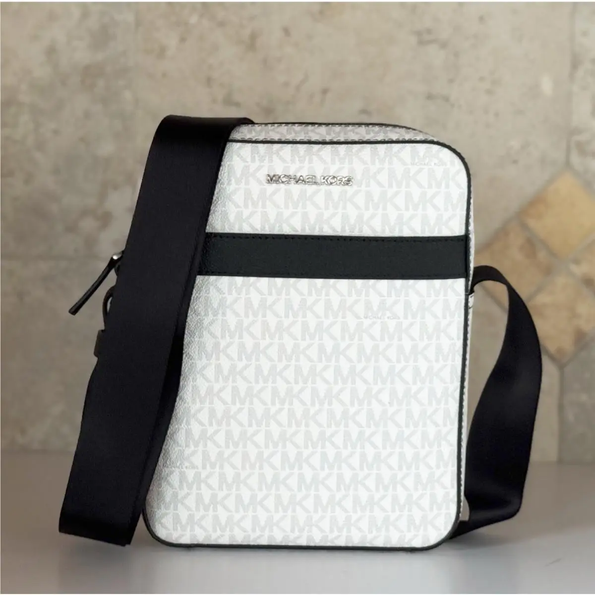 Cooper Medium Shoulder Crossbody Flight Bag MK Bright White/black by Michael Kors