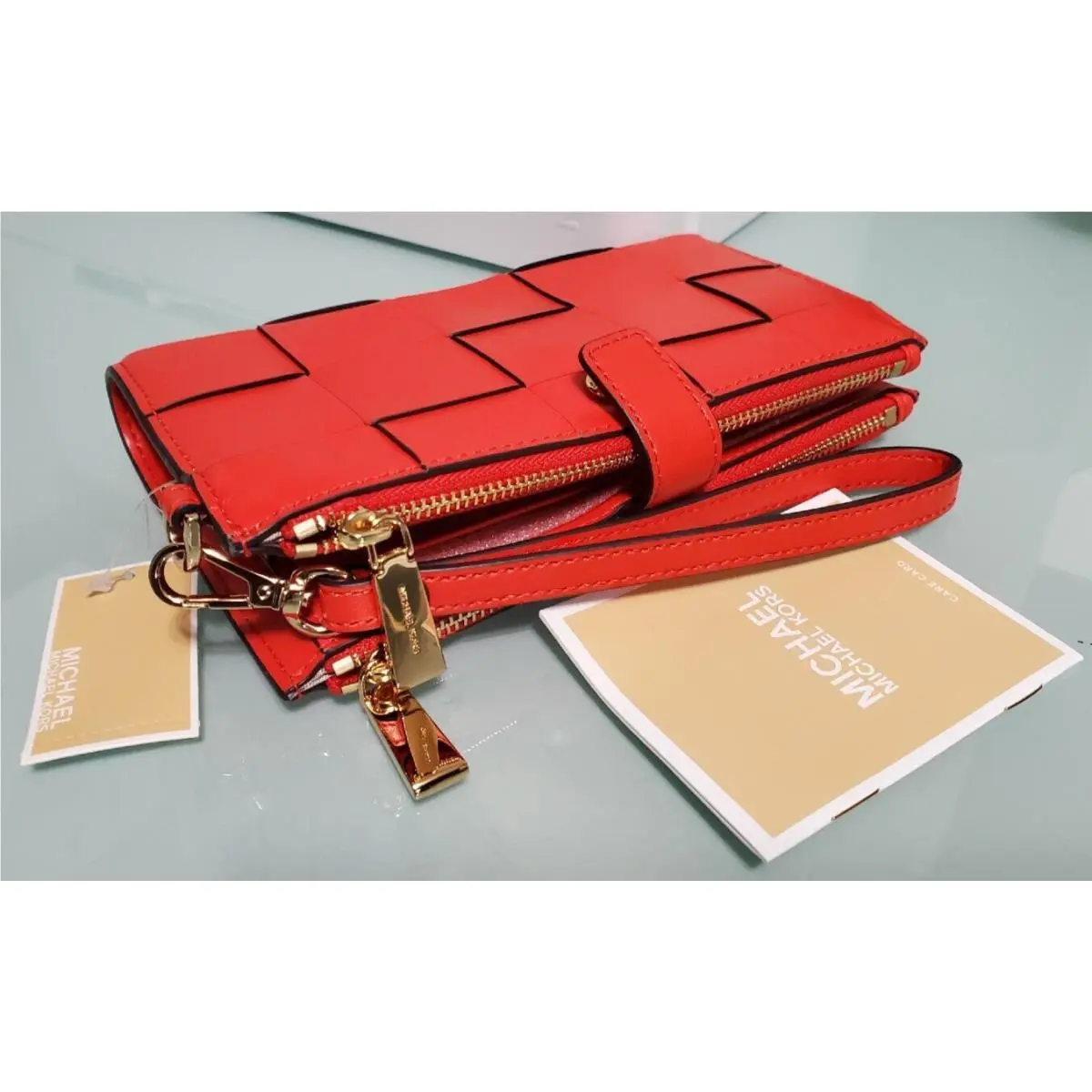 Michael Kors Jet Set Double Zip Wristlet Women`s Leather Wallet in Optic Orange