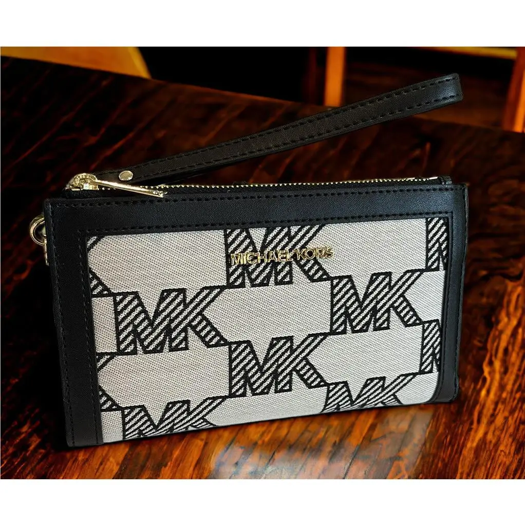 WT Michael Kors LG Double Zip Wallet Phone Case Wristlet Beige Black Leather