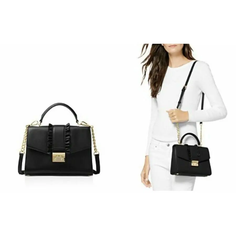Nip Michael Kors Sloan Ruffles Medium Top Handle Satchel Black / Gold