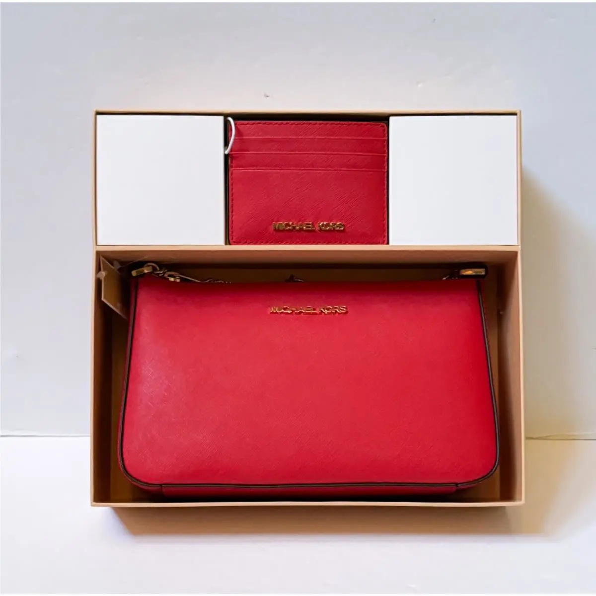 Michael Kors Giftable Jet Set Chain Crossbody Bag + Card Case Wallet Bright Red