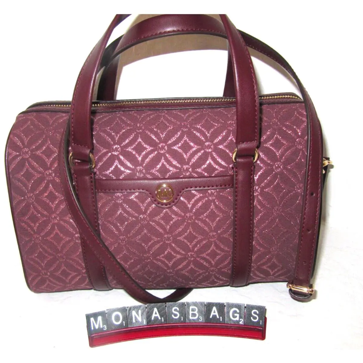 Michael Kors Medium Travel Oxblood Logo Gold Metallic Duffle Bag