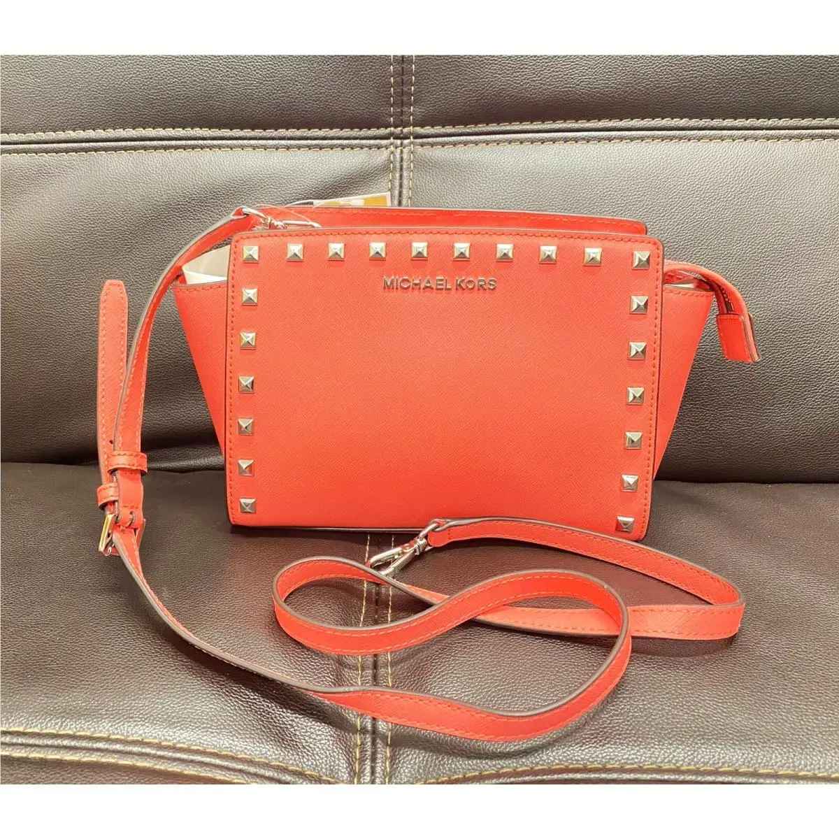 Michael Kors Selma Stud Medium Messenger Crossbody Bag Coral