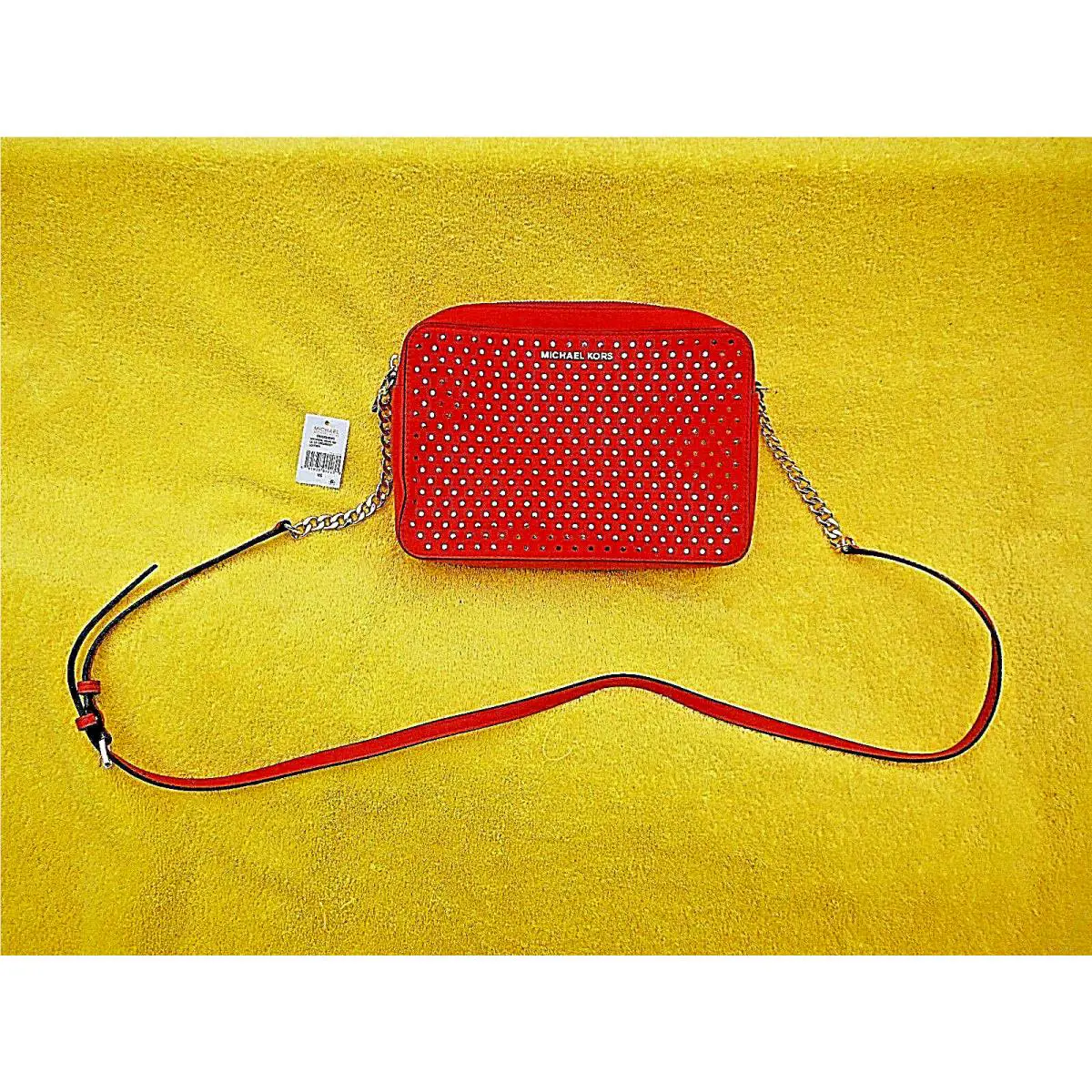 Michael Kors Tooled Sm/md Cross Body Red Leather Handbag 1/2 Chain Strap