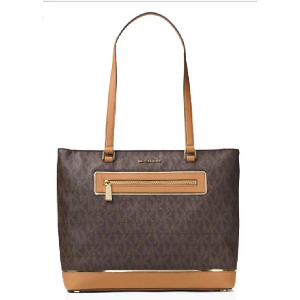 Michael Kors Frame Out Item Large North South Tote Brown Zip Bag Coated Pvc