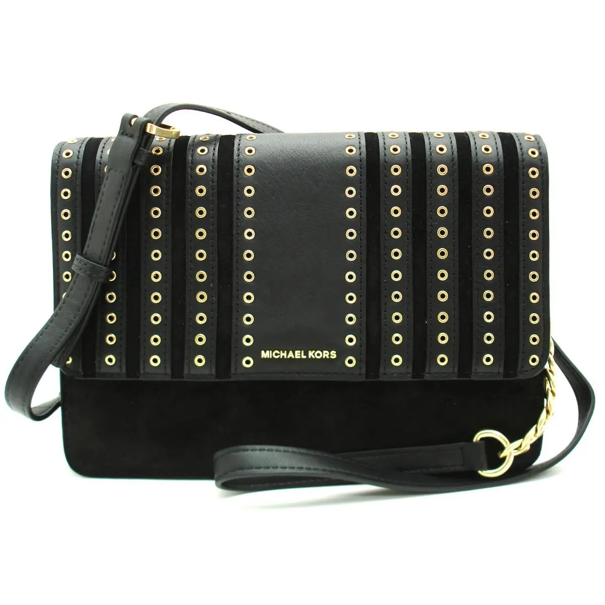 Michael Kors Brooklyn Grommet Large Crossbody Suede/leather Black Gold