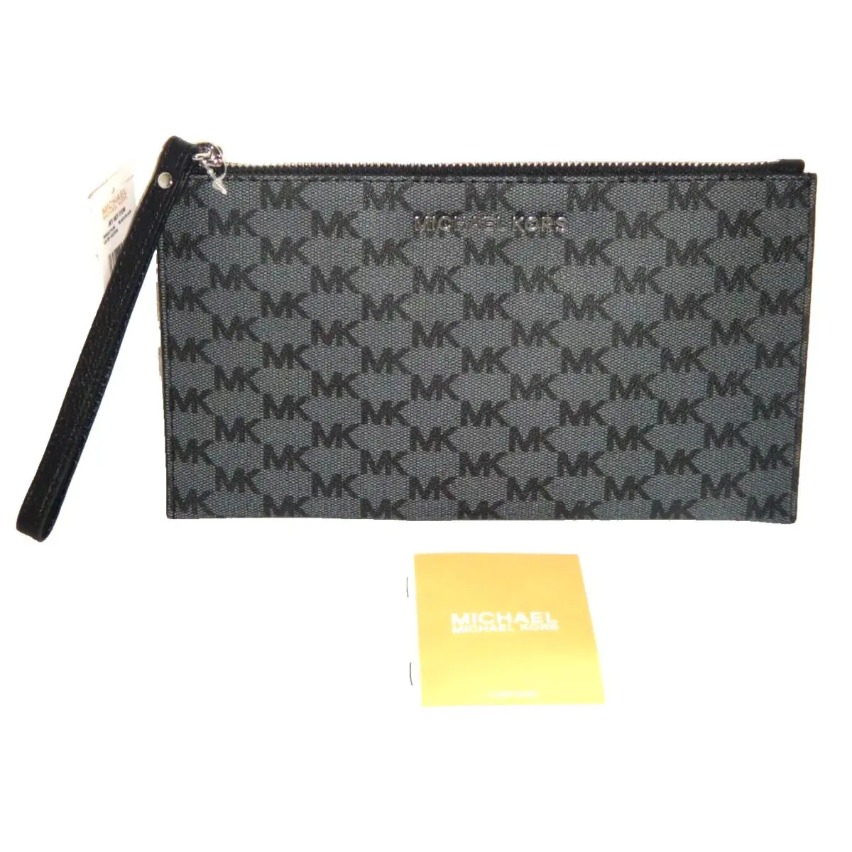 Michael Kors Women`s Jet Set MK Signature LG Clutch Wristlet Wallet Black Silver