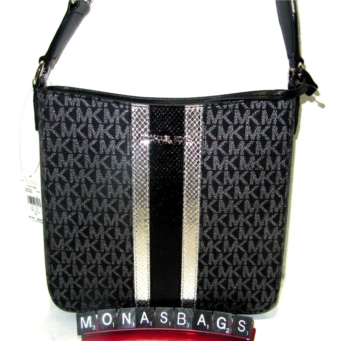 Michael Kors Jet Set Travel Small Blacksignature Logo Metallic Messenger Bag