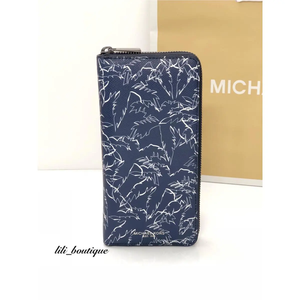 Michael Kors Mens Grant Tech Zip Around Wallet Leather Palm Tree Navy