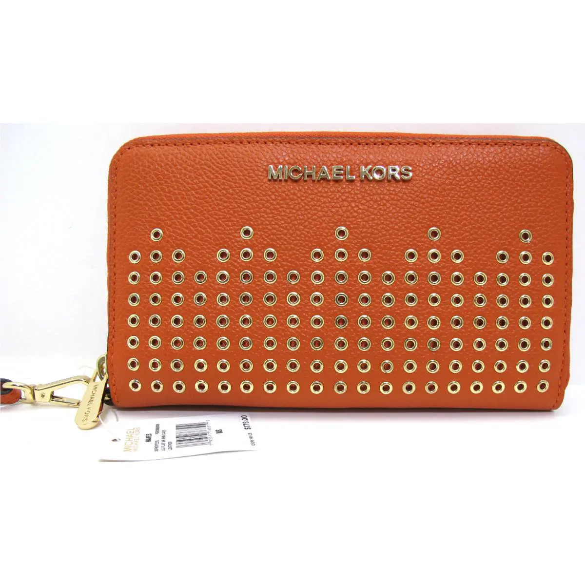 Michael Kors Hayes Leather Grommets Phone Wallet Wristlet Persimmon Orange