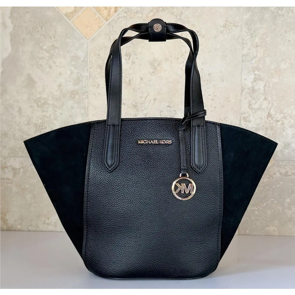 Michael Kors Portia Small Bucket Pebbled Suede Leather Tote Bag Black