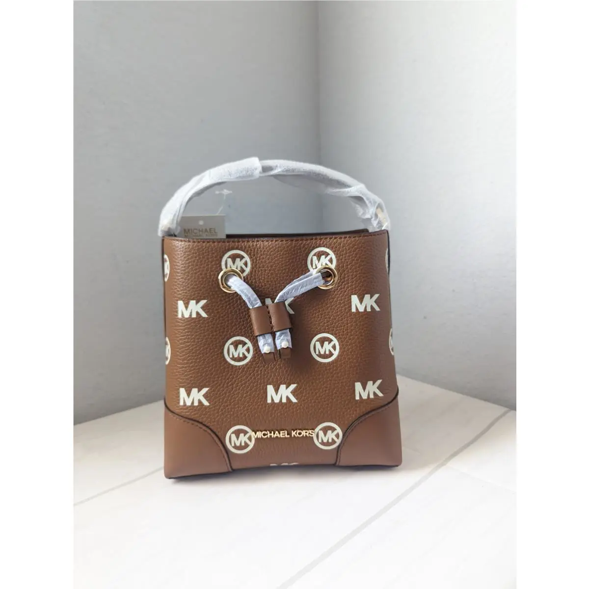 Michael Kors Mercer Small Luggage Embossed Drawstring Bucket Messenger Bag