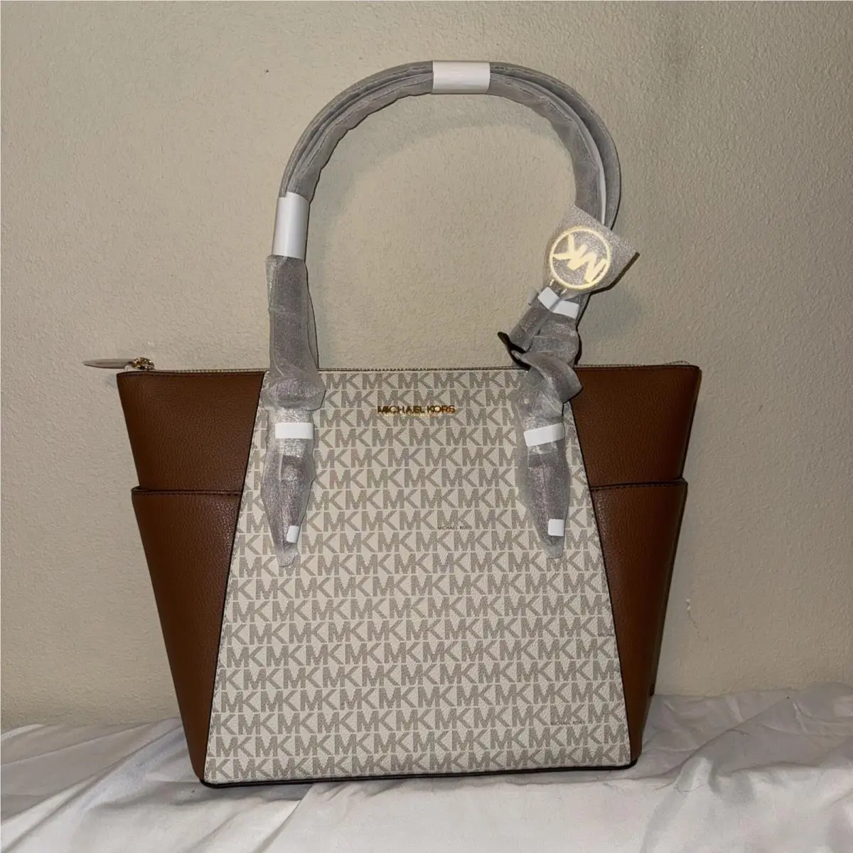 Charlotte Top Zip Tote MK Signature Shoulder Bag Vanilla Brown by Michael Kors