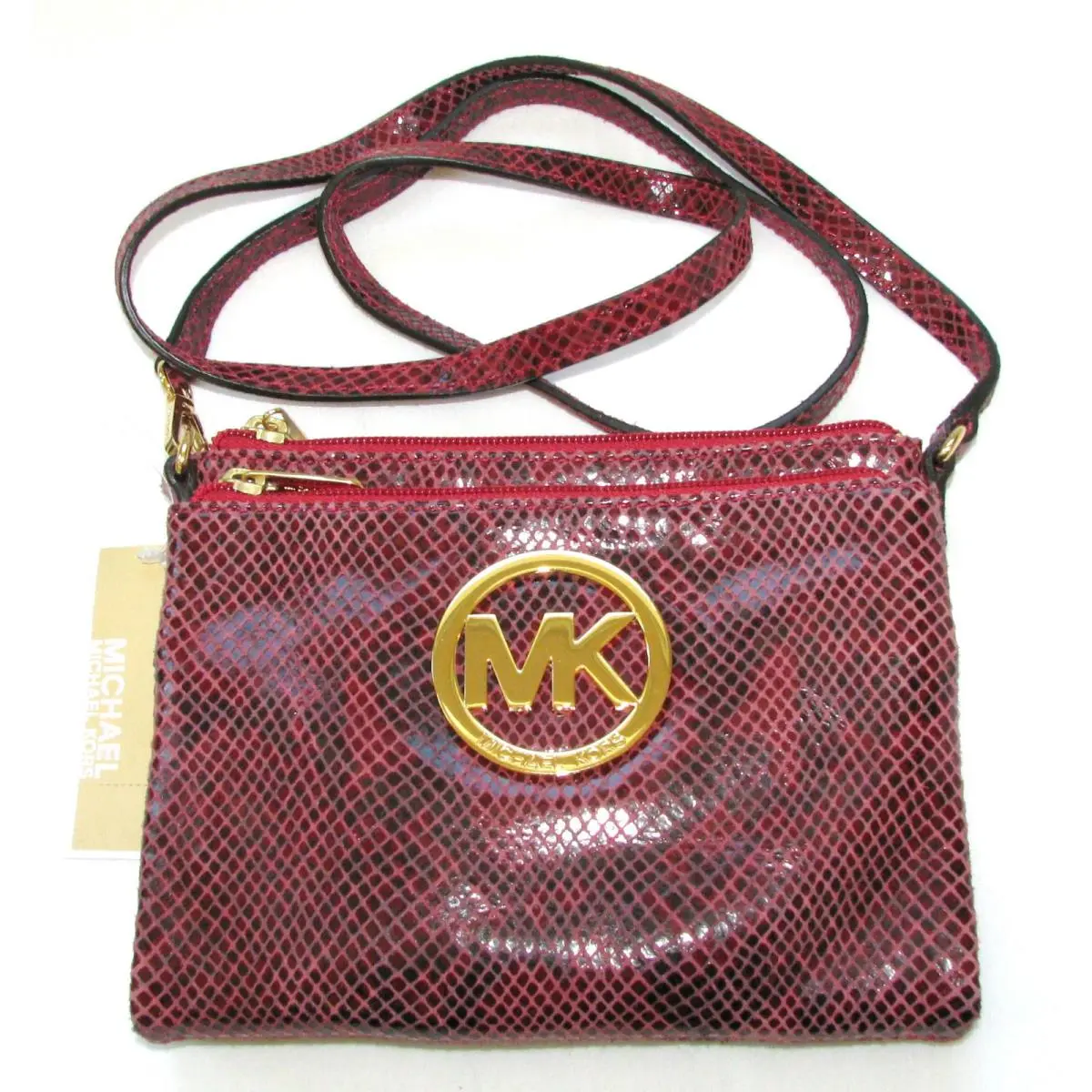 New-michael Kors Fulton Red Python Leather+gold Crossbody Shoulder Hand Bag+tag