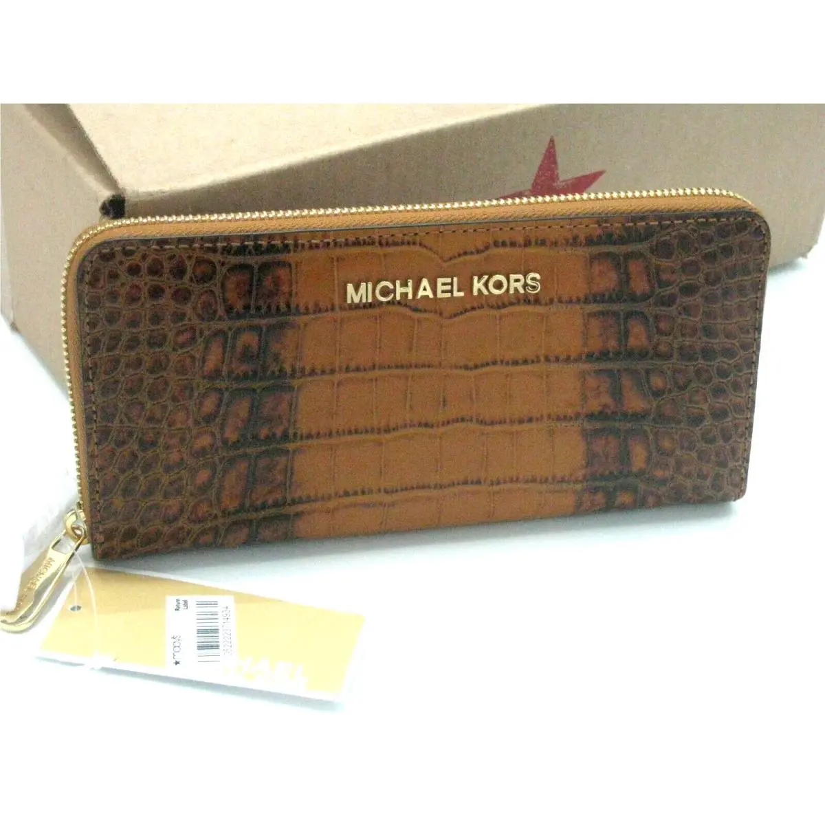 Michael Kors Embossed Leather Zip Around Continental Wallet Luggage Brown