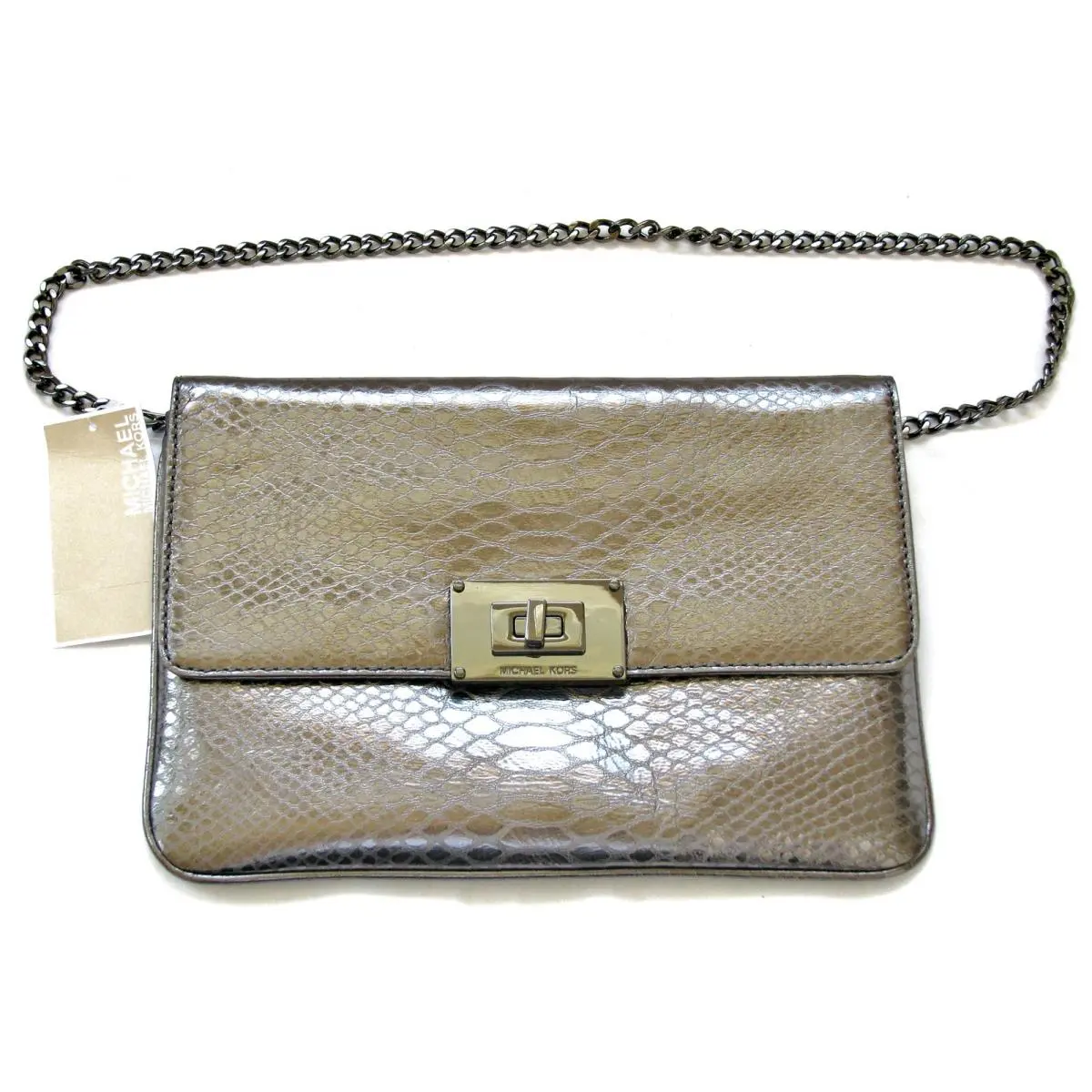 New-michael Kors Sloan Metallic Gunmetal Python Leather Clutch Shoulder/hand Bag by Michael Kors