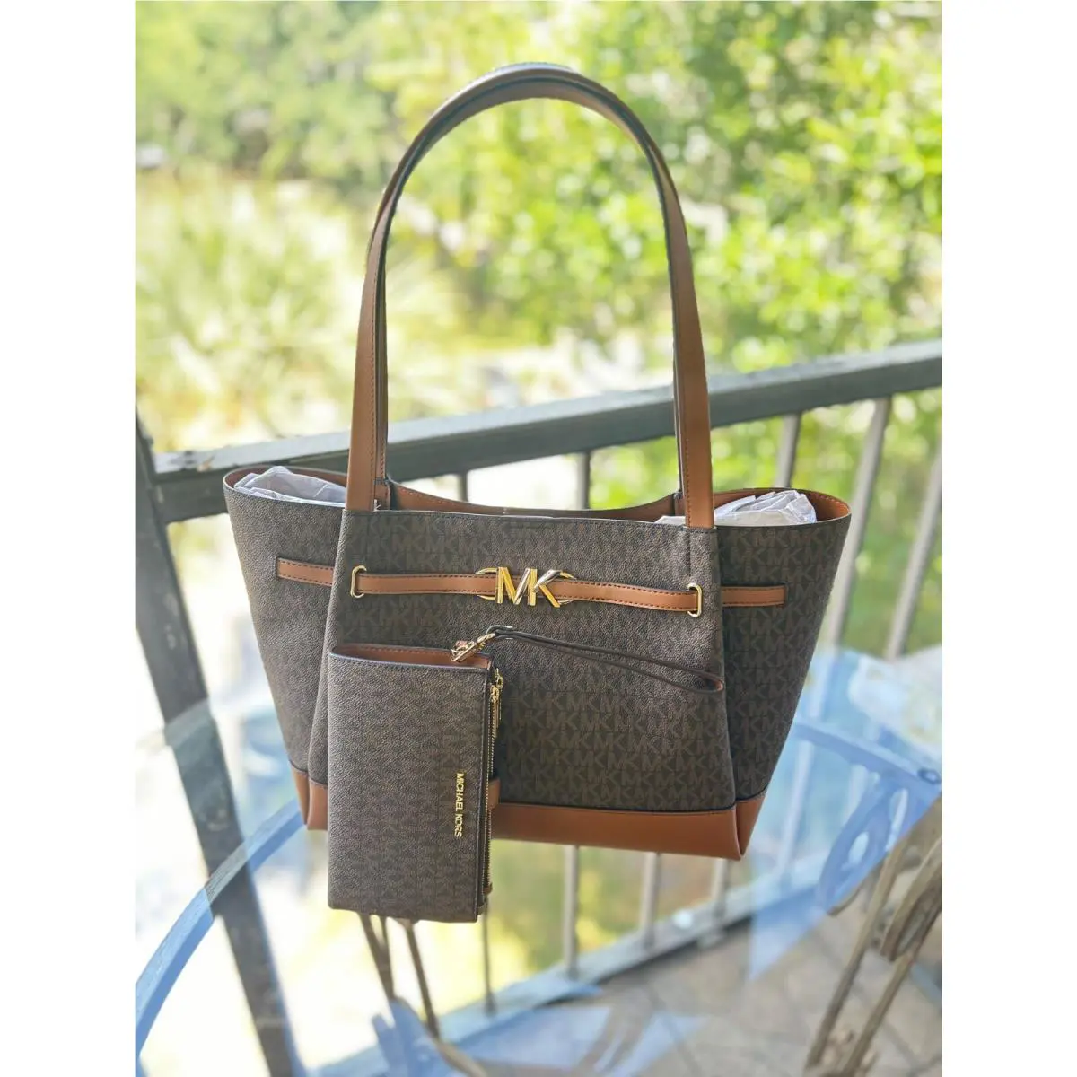 Michael Kors Reed Large Tote Shopper Shoulder Handbag Purse Bag Brown Mk+wallet