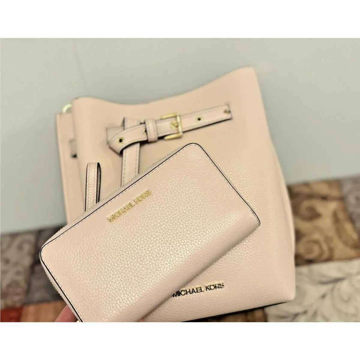 Michael Kors Emilia Small Pebbled Leather Bucket Bag + Wallet Set