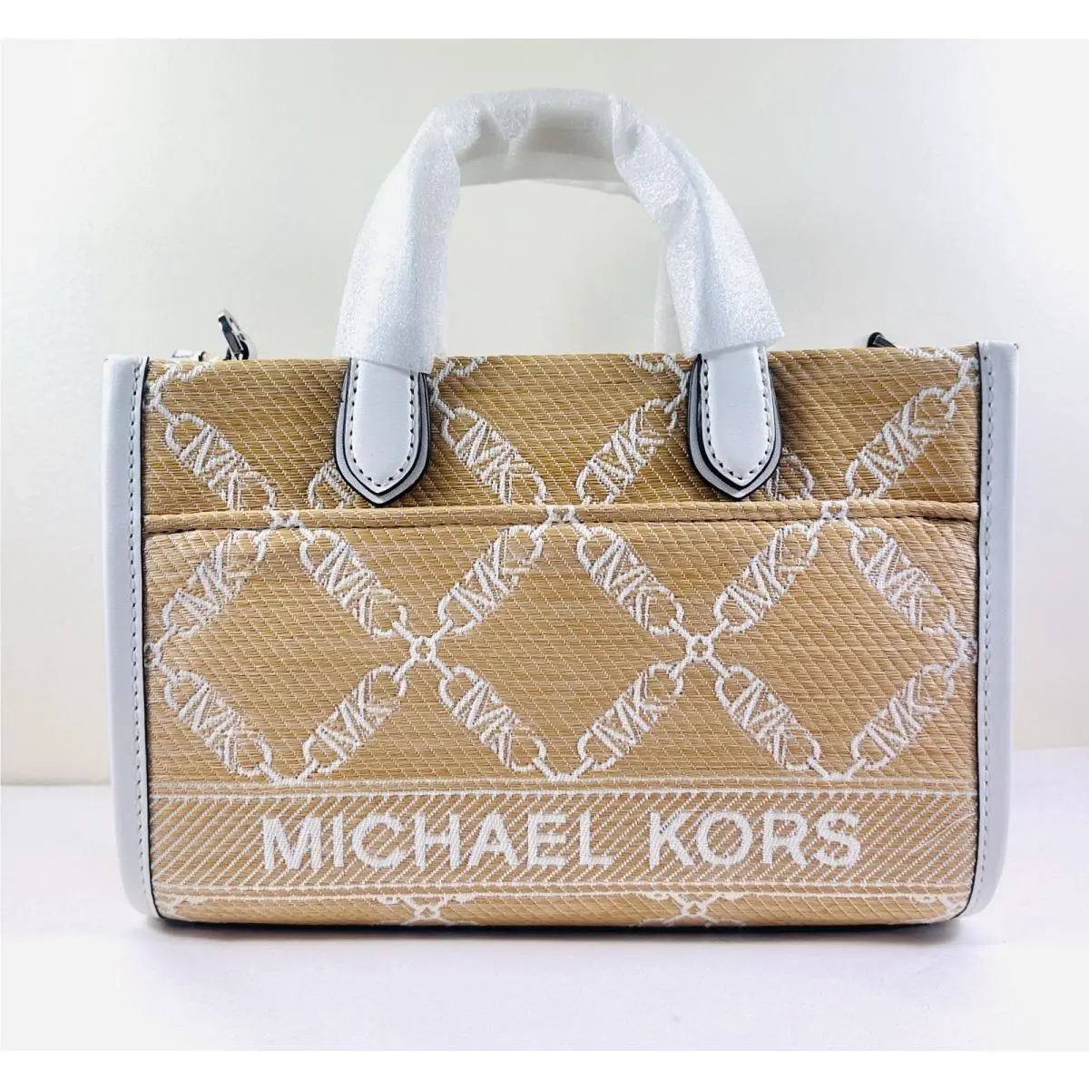 Michael Kors Gigi Small East West White Natural Straw Crossbody Satchel Bag