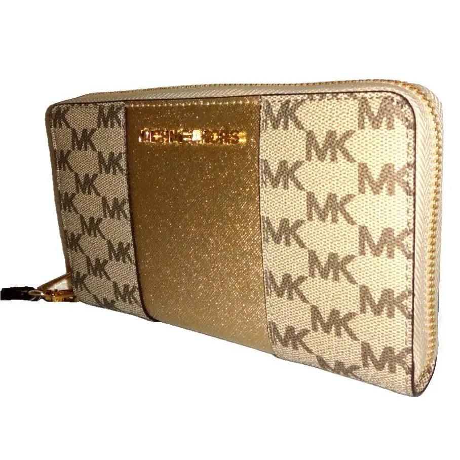 Michael Kors MK Signature Large Wallet Clutch Phone Case Natural Gold 38H8MM0E3V