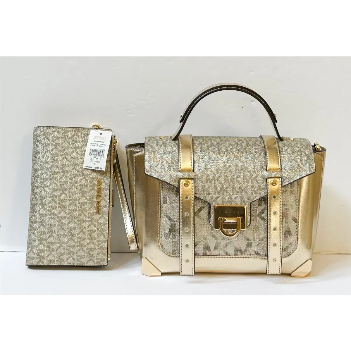 Michael Kors Manhattan Medium Satchel Crossbody Bag + Wallet MK Pale Gold