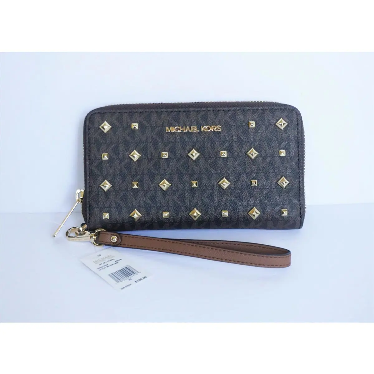 Michael Kors Jet Set Travel LG Phone Case Wristlet Pvc MK Brown/gold Studs