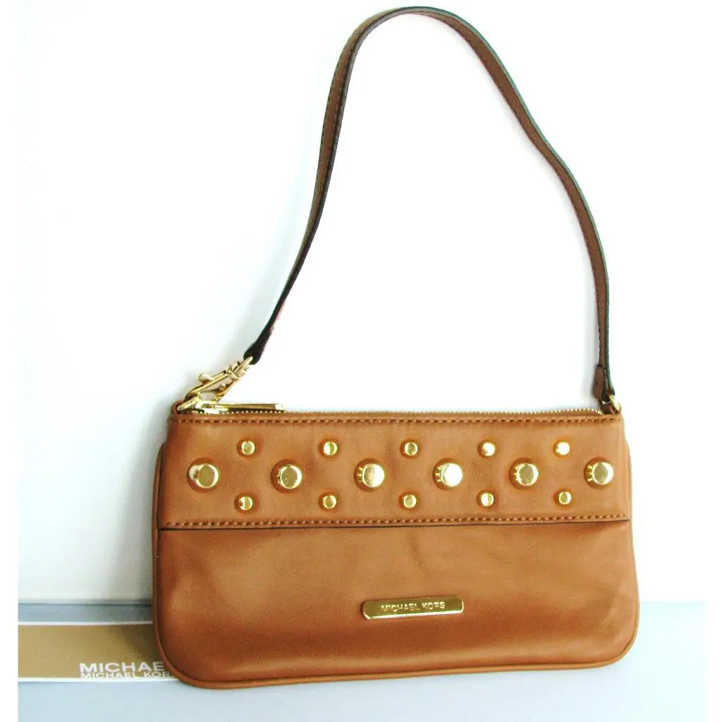 Michael Kors Ludlow Luggage/camel Leather Wristlet Strap Mini Clutch Bag
