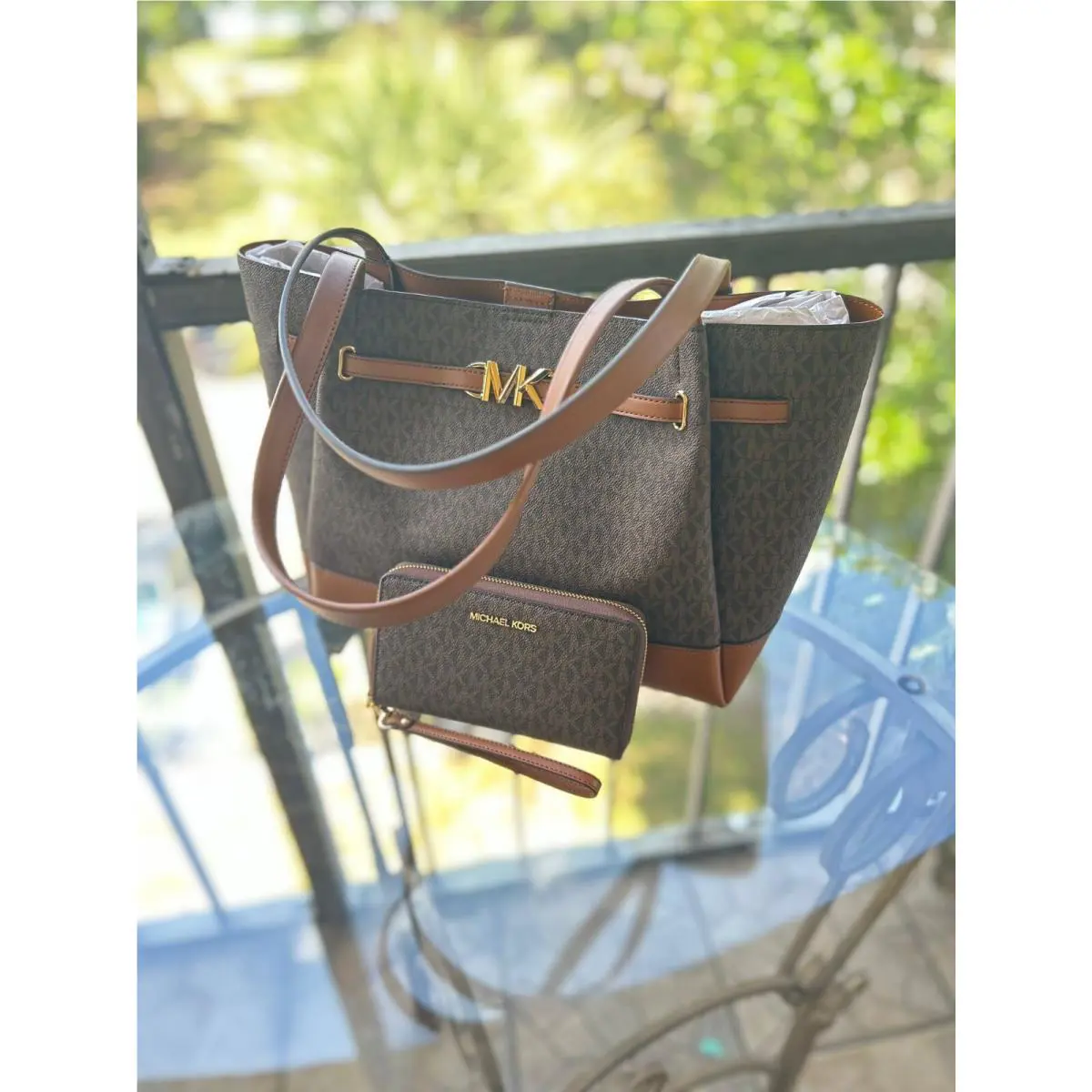 Michael Kors Reed Large Tote Shopper Shoulder Handbag Purse Bag Brown+wallet