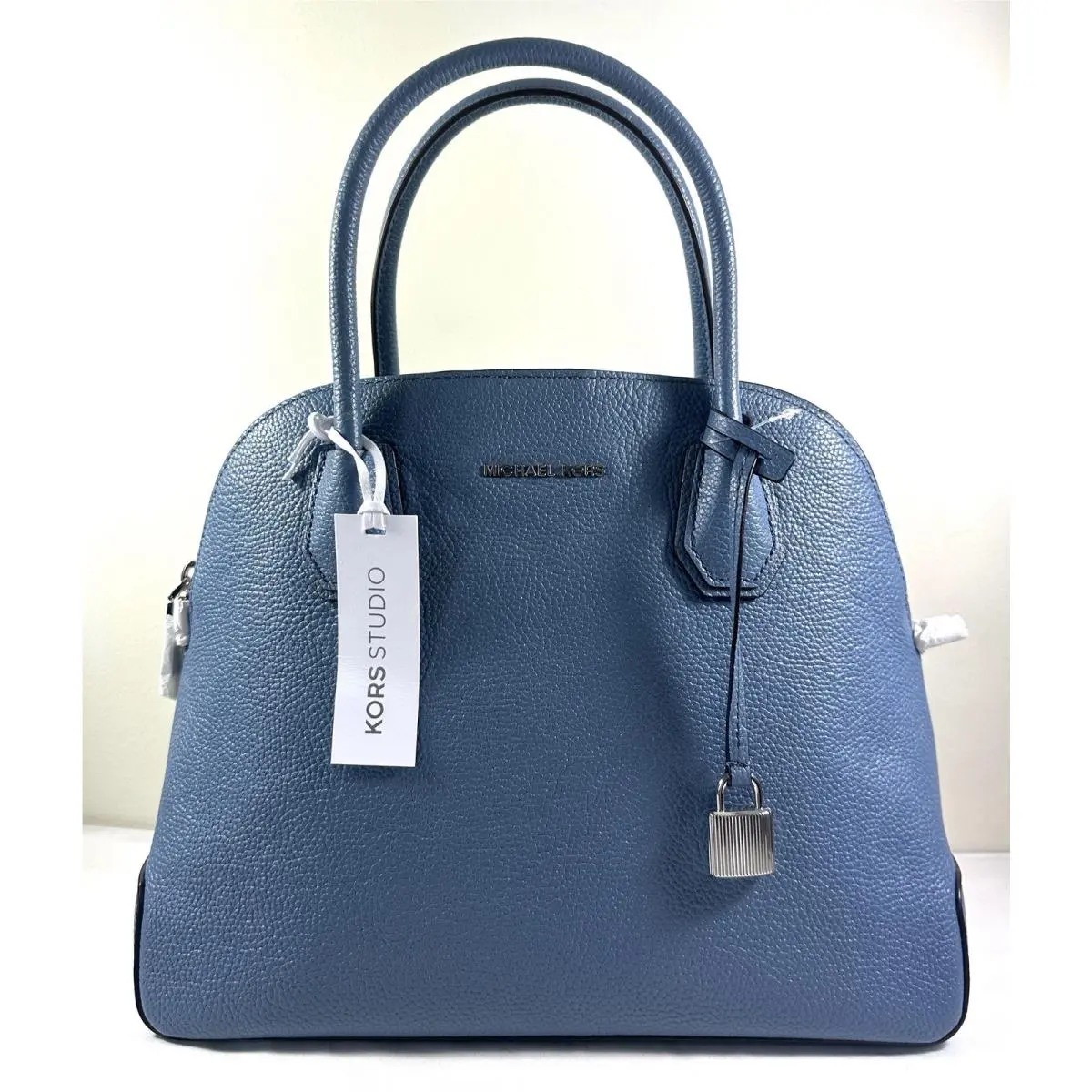 Michael Kors Studio Mercer Pebbled Denim Blue Large Dome Satchel Messenger Bag