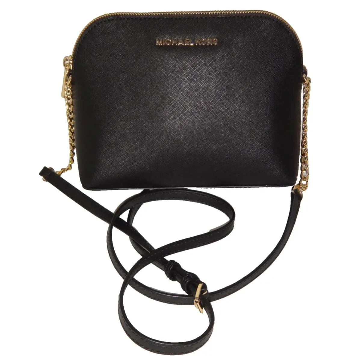 Michael Kors Cindy MK Dome Crossbody Bag Black Saffiano Leather Gold 38S8XCPC3L