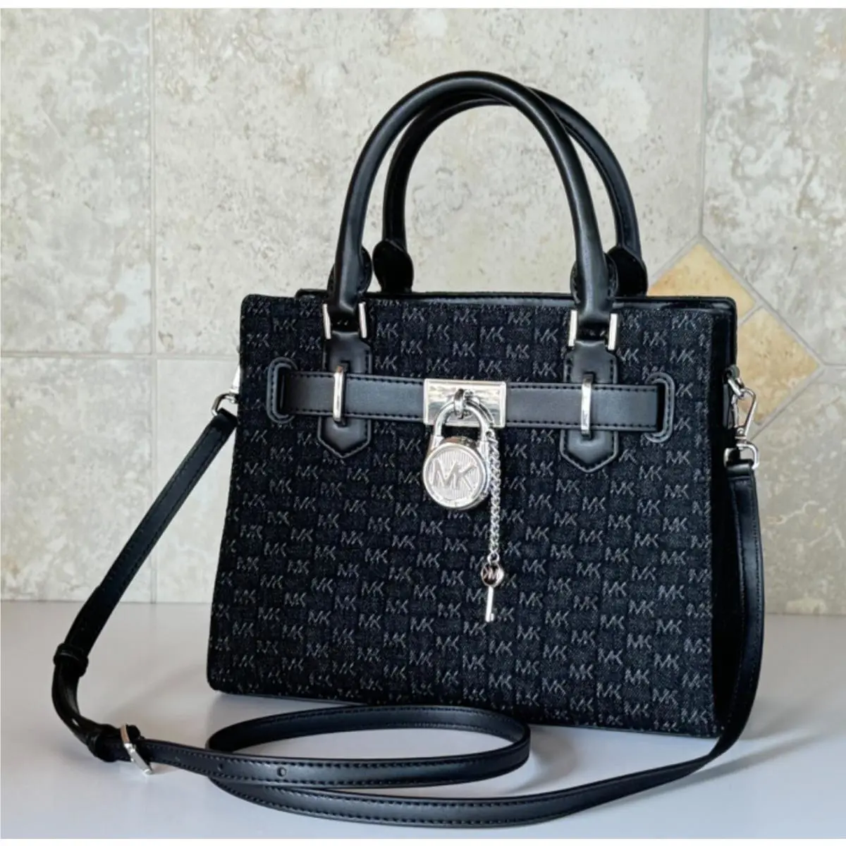Michael Kors Hamilton Small Satchel Shoulder Crossbody Bag MK Black Denim