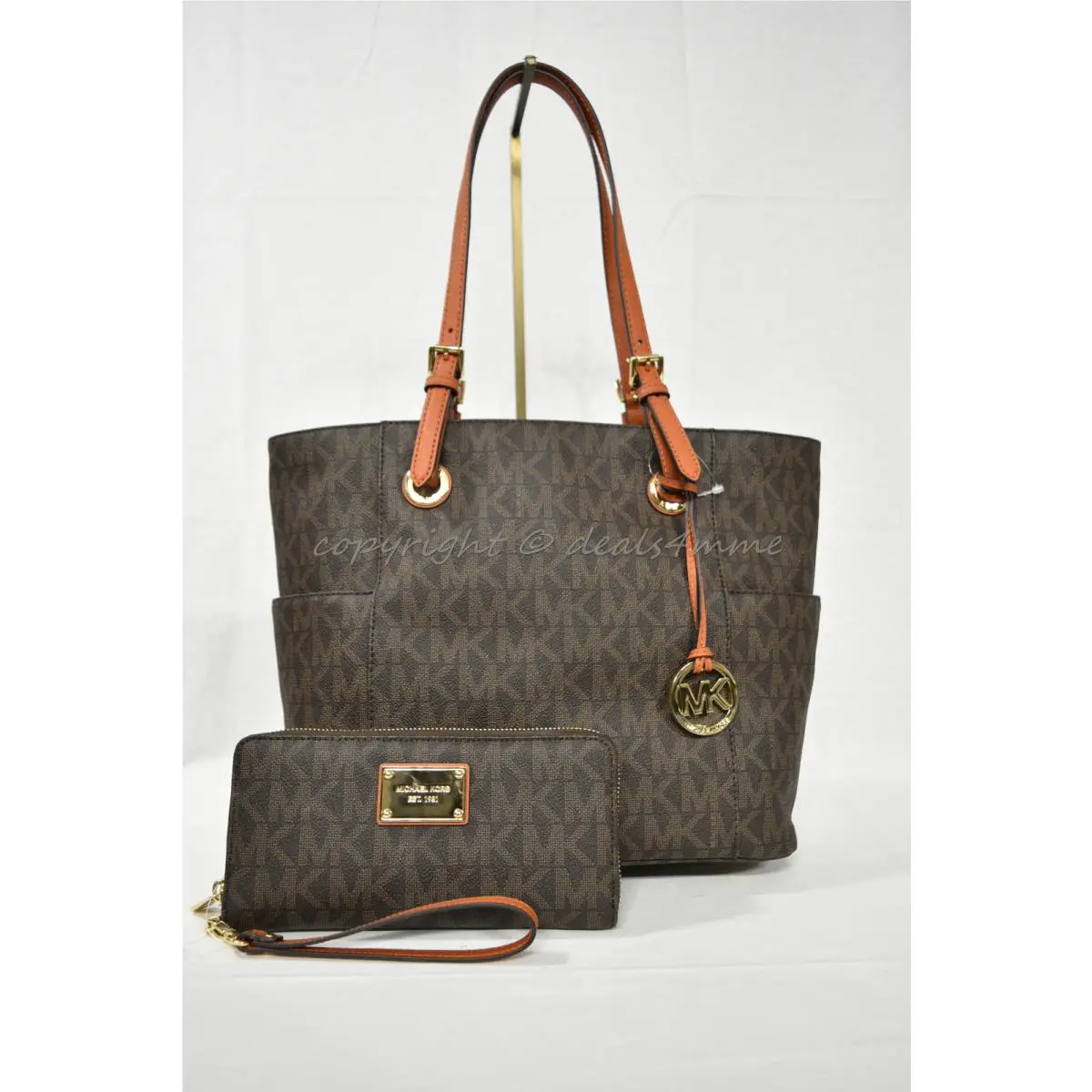 Set of Michael Kors Jet Set East West Travel Large Tote + Wallet in Brown/orange