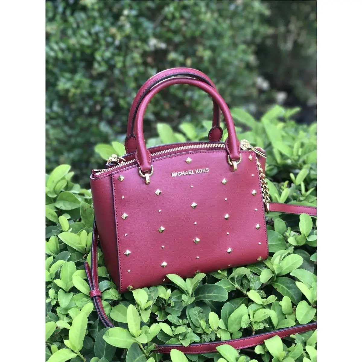 Michael Kors Ellis Small Convertible Satchel Crossbody Stud Cherry Red