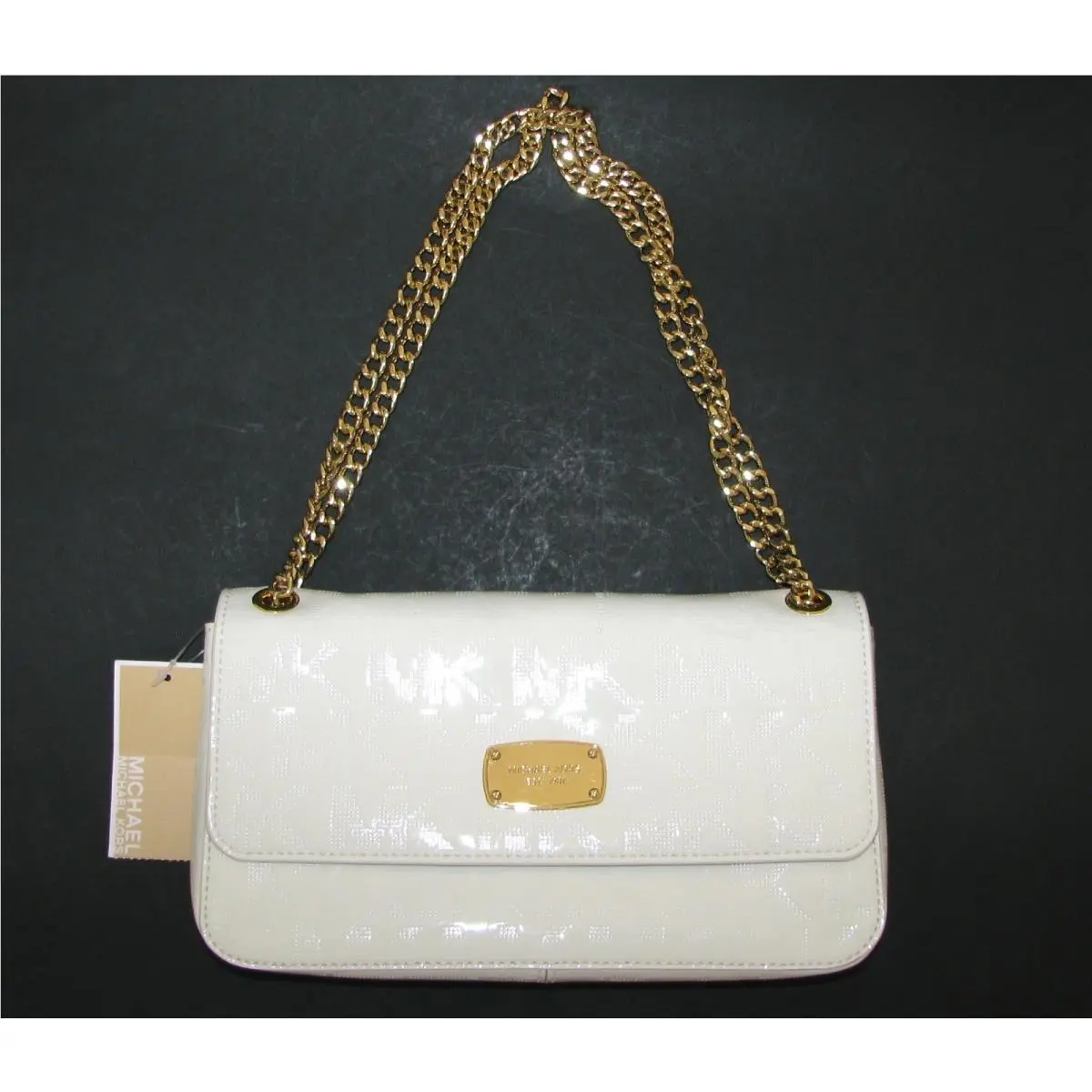 Michael Kors Jet Set Gold Ton Chain Item White Mirror Metallic Shoulder+hand Bag