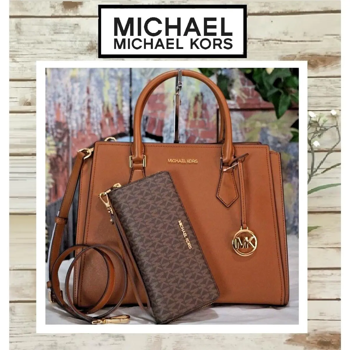 Michael Kors Hope LG Satchel Crossbody Bag + Wallet In Luggage Leather Gold
