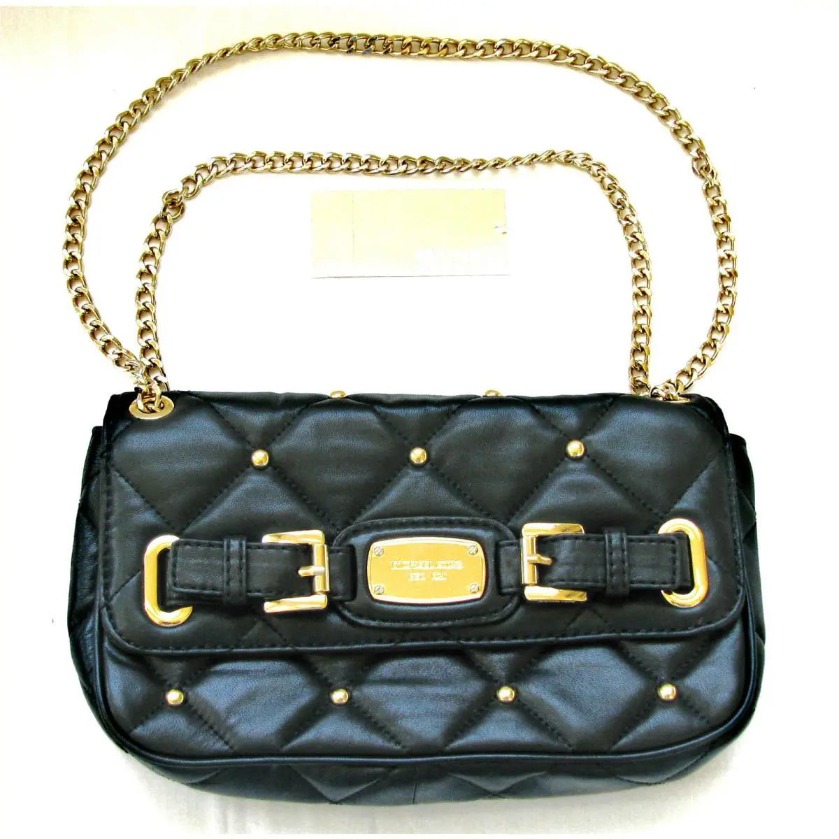 Michael Kors Hamilton Quilt Black Leather+gold Stud Clutch Shoulder Hand Bag - Exterior: Blacks