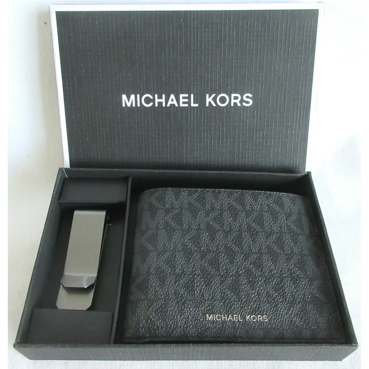 Michael Kors MK Logo Mens Black Wallet + Gun Metal Money Clip
