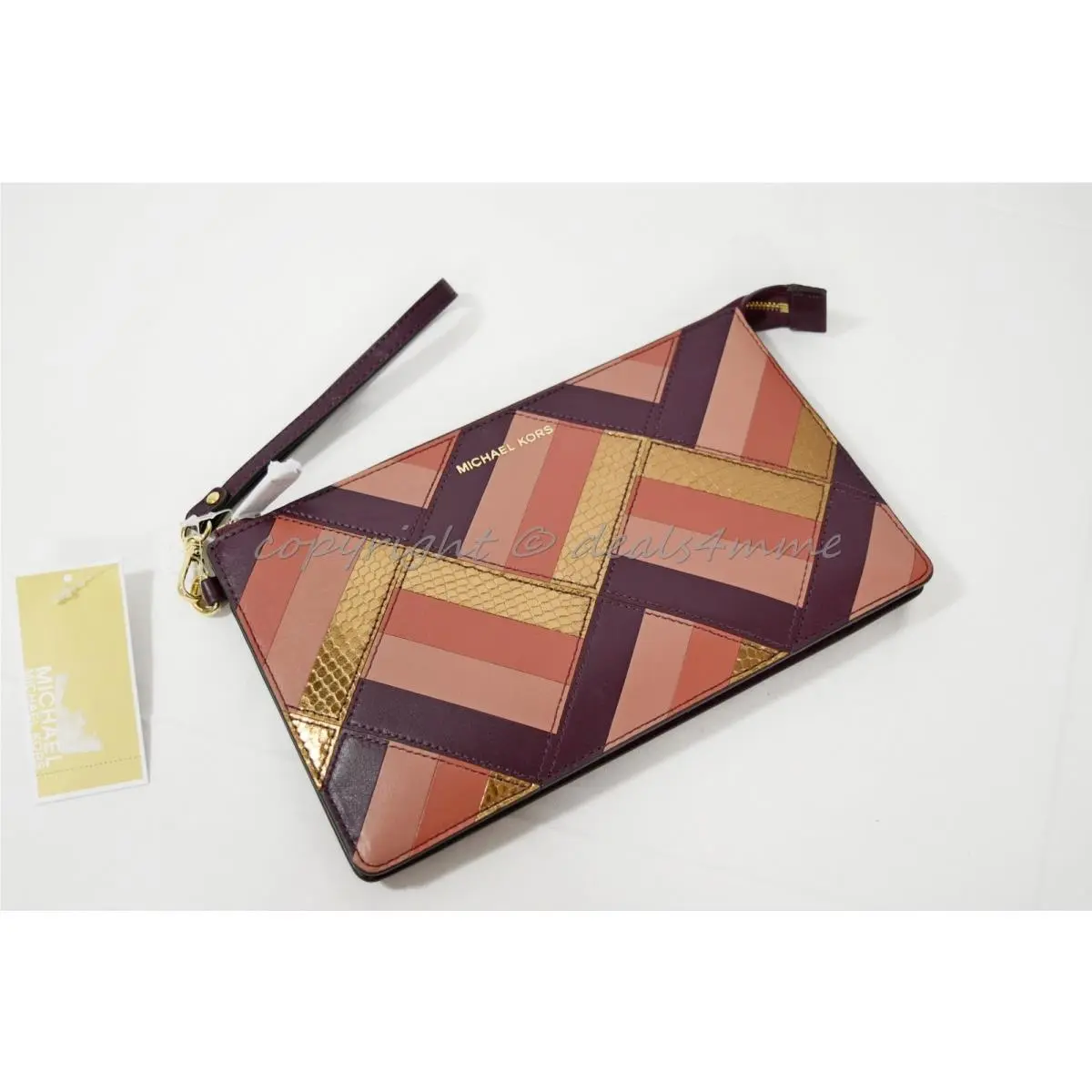 Michael Kors Marquertry Patchwork Daniela Leather Clutch / Wristlet in Plum