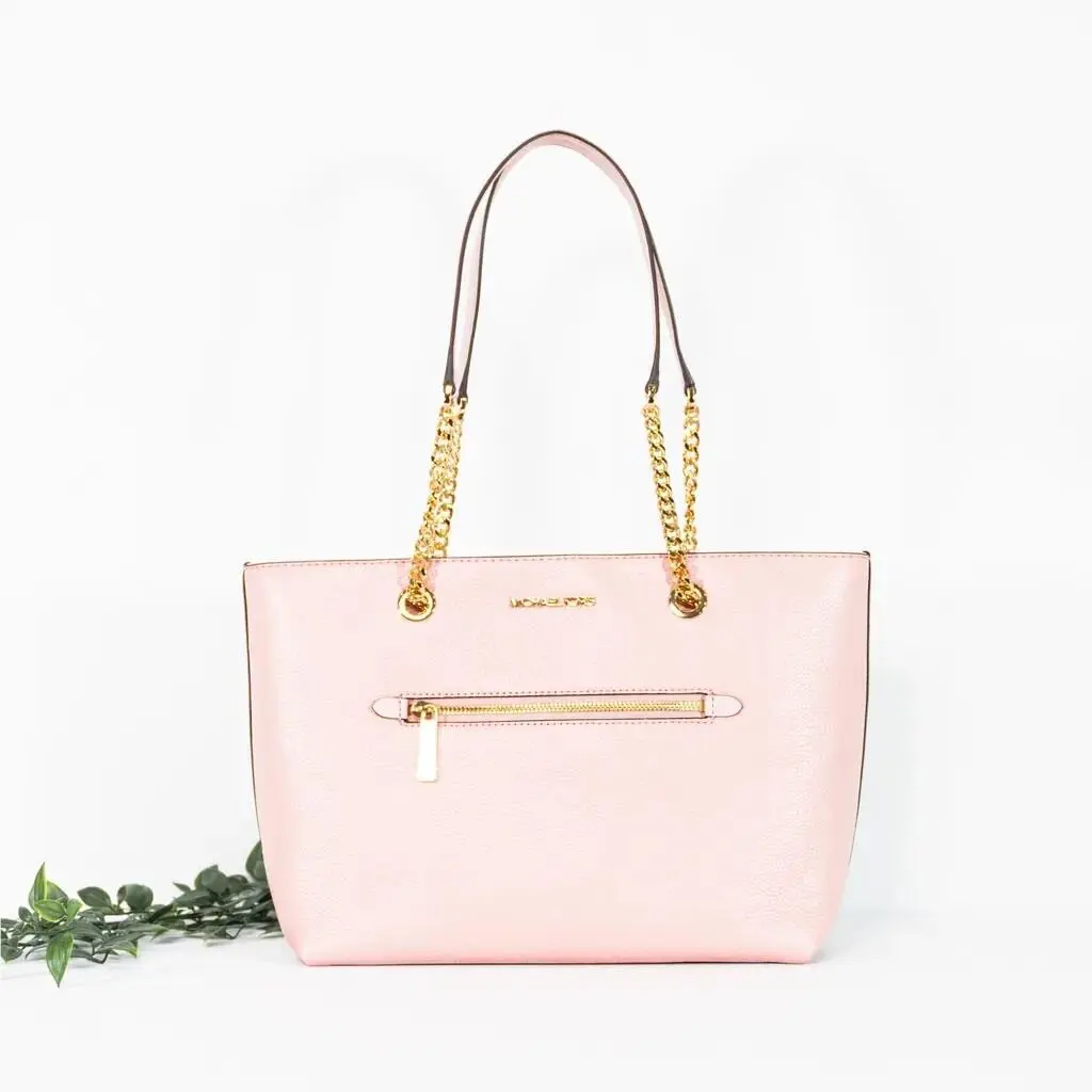 Michael Kors Jet Set Item Leather Medium Front Zip Chain Tote Powder Blush - Handle/Strap: Pink, Hardware: Gold-toned, Exterior: Pink