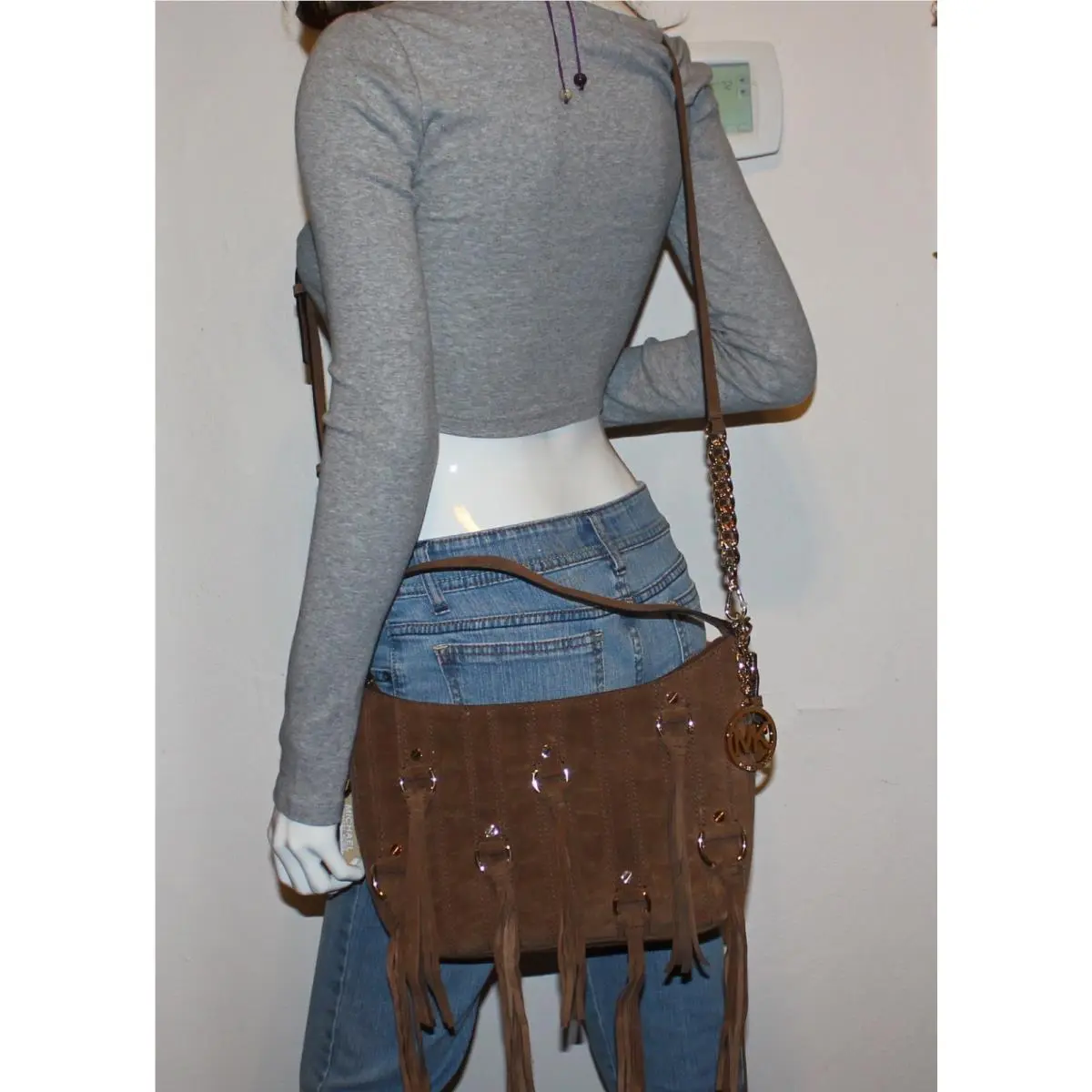 Kors Dark Caramel Presley Suede Medium Shoulder Crossbody Bag