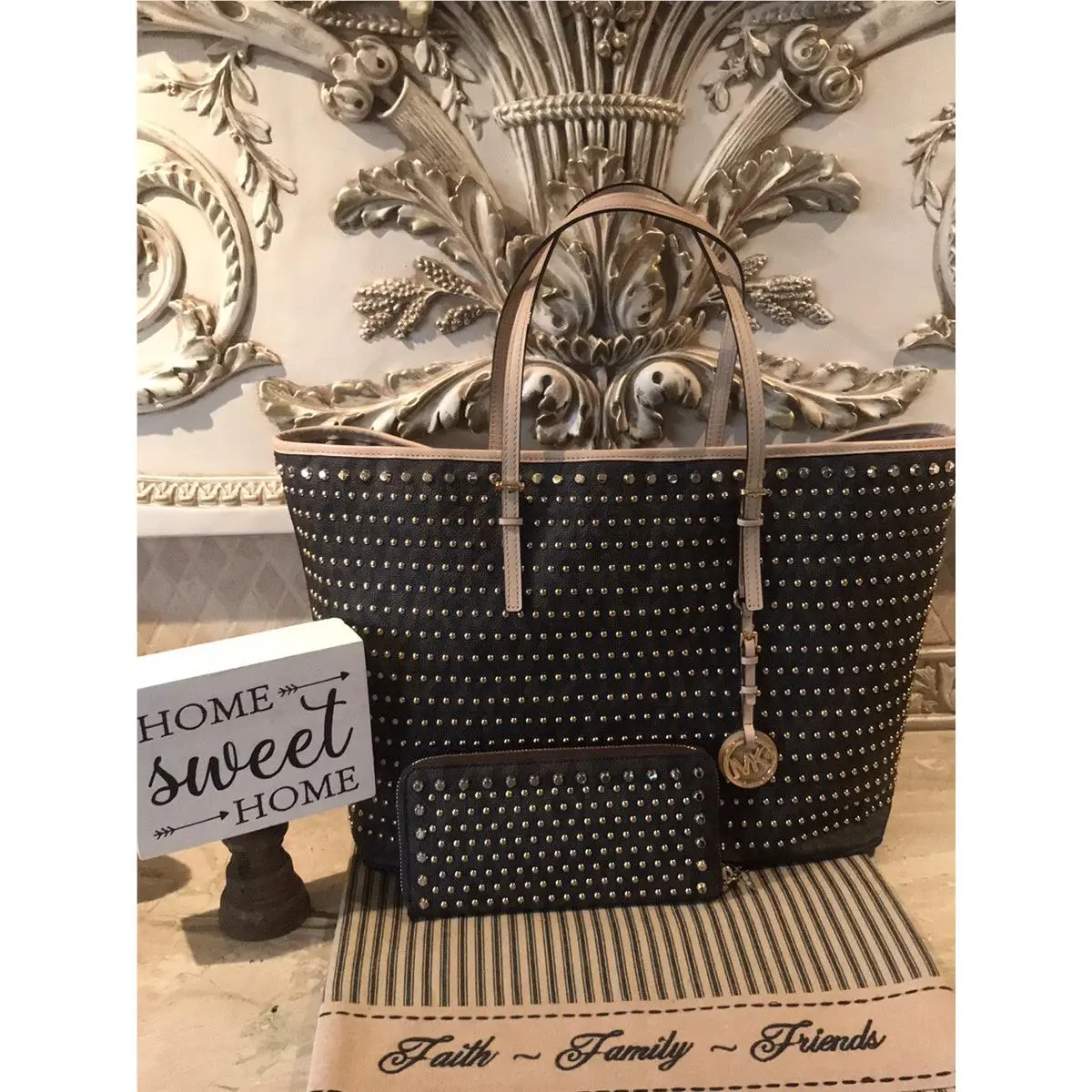 Michael Kors Jet Set MK Logo Studded Large Travel Tote Matching Wallet Rare