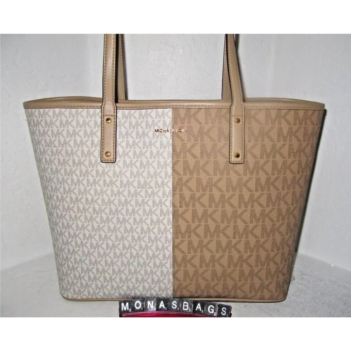 Michael Kors Carter Signature Open Tote Bag Vanilla and Tan Multi