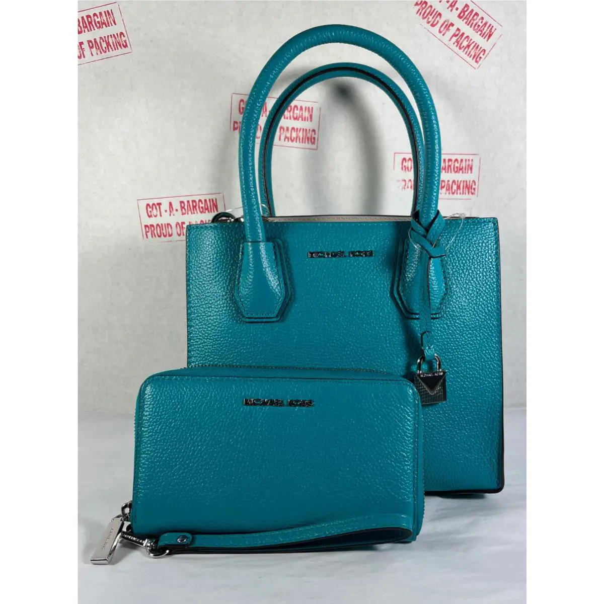 Michael Kors Mercer Medium Tile Blue Leather Messenger Satchel Bag Wallet